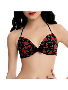 Hot Topic Red Rose Floral Halter Bikini Top 2X Black Tie Swimwear